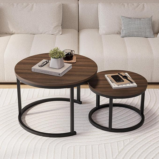 HOJINLINERO Round Coffee Table,Nesting Coffee Table Set of 2,Center Tables for Living Room,Office, Home Small Space,Stacking Side Tables,Sturdy and Easy Assembly,Wood Desktop,Walnut+Black,Large