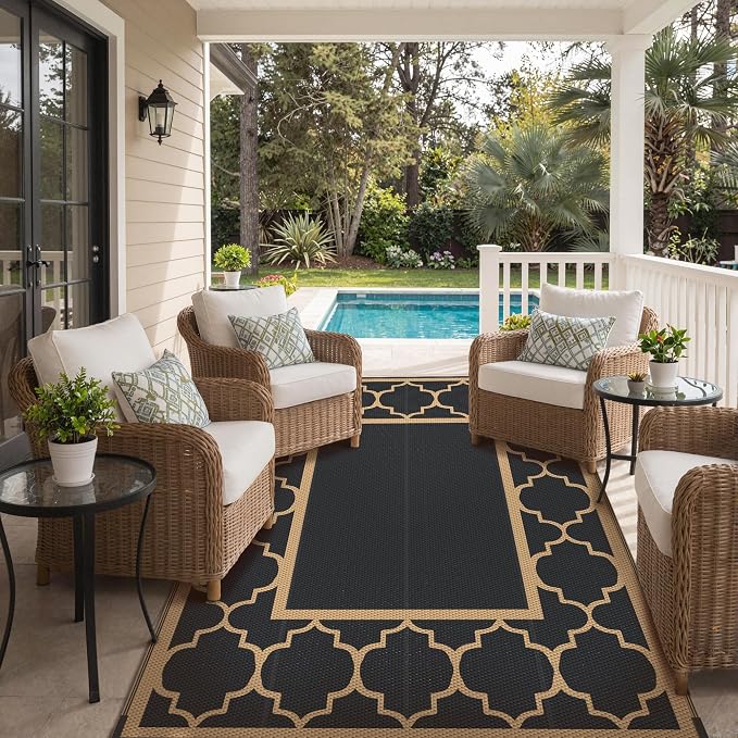 GENIMO 5' x 8' Outdoor Rug Waterproof for Patio Decor, Foldable Reversible Plastic Straw Area Rugs Mat for Camper, Outside Carpet for Rv, Deck, Porch, Picnic, Beach, Balcony, Black & Brown