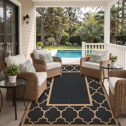 GENIMO 6' x 9' Outdoor Rug Waterproof for Patio Decor, Foldable Reversible Plastic Straw Area Rugs Mat for Camper, Outside Carpet for Rv, Deck, Porch, Picnic, Beach, Balcony, Black & Brown