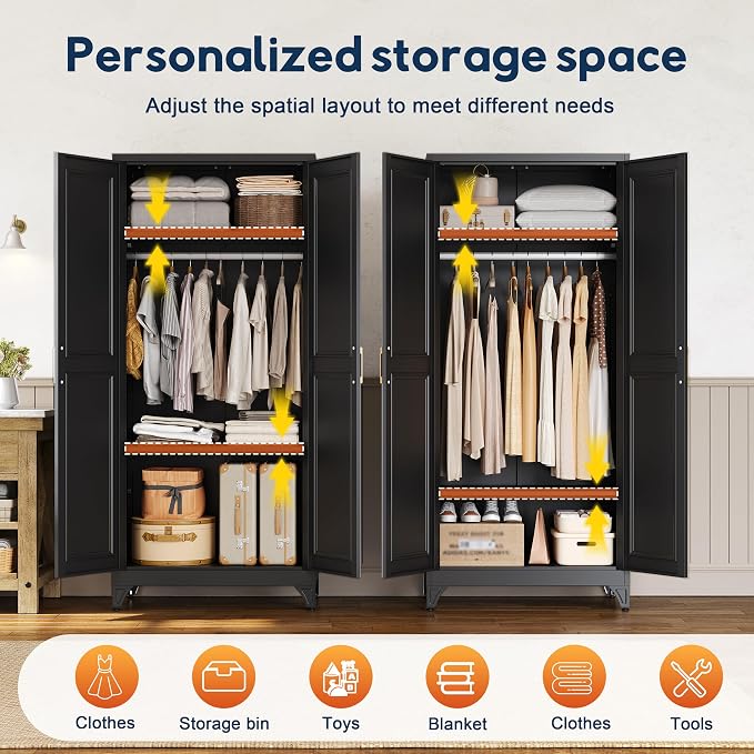 UNICOLY Armoire Wardrobe Closet with Doors, 71'' Wardrobe Cabinet with Hanging Rod, Metal Closet with 2 Adjustable Shelves for Bedroom School, Employee, Gym, Armarios De Ropa para Dormitorio, Black