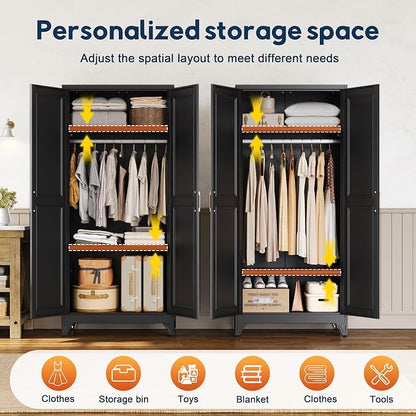 UNICOLY Armoire Wardrobe Closet with Doors, 71'' Wardrobe Cabinet with Hanging Rod, Metal Closet with 2 Adjustable Shelves for Bedroom School, Employee, Gym, Armarios De Ropa para Dormitorio, Black