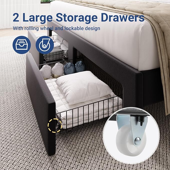 Allewie Full Bed Frame with 2-Tier Storage Headboard, Charging Station & LED Lights, Velvet Upholstered Platform Bed with 2 Drawers, Wingback Headboard, Gold Button Tufted, No Box Spring Needed, Black