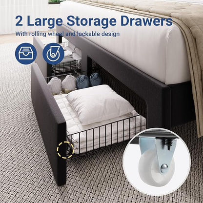 Allewie Queen Bed Frame with 2-Tier Storage Headboard, Charging Station & LED Light, Velvet Upholstered Platform Bed with 2 Drawers, Wingback Headboard, Gold Button Tufted, No Box Spring Needed, Black