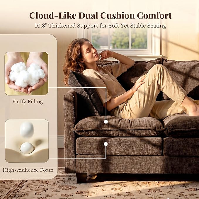 Loveseat Sofa with Cloud 3-Layer Cushion & 27" Deep Seat, Modern Love Seat Small Couch with 2 Washable Pillows for Small Spaces, Bedroom, Apartment, Office, Living Room, in a Box, 50-Inch Cocoa Brown
