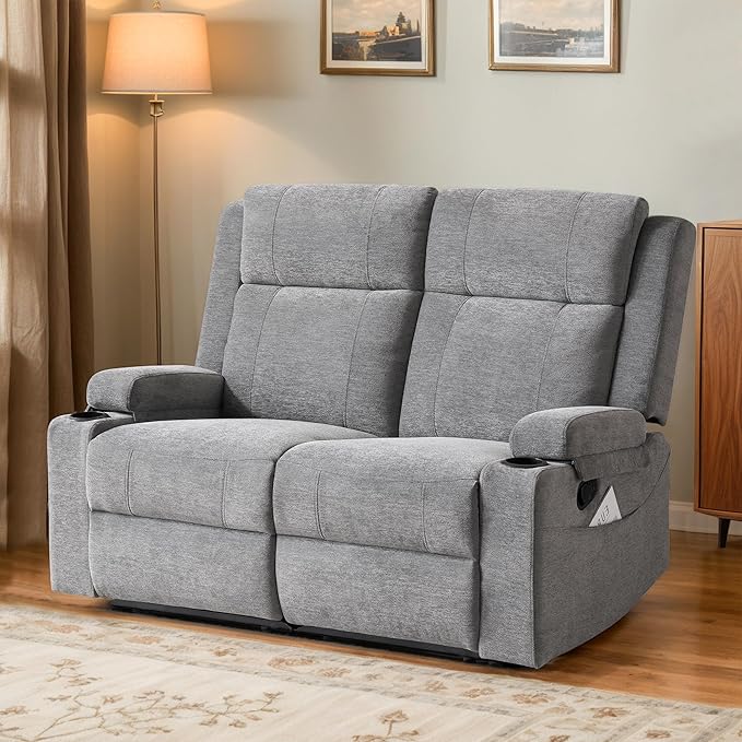 55" RV Loveseat Recliner – Space-Saving Double Reclining RV Sofa, Compact Theater Seating with Cup Holders & Storage Pocket, Grey Chenille Couch for Camper, Motorhome & Home Theater