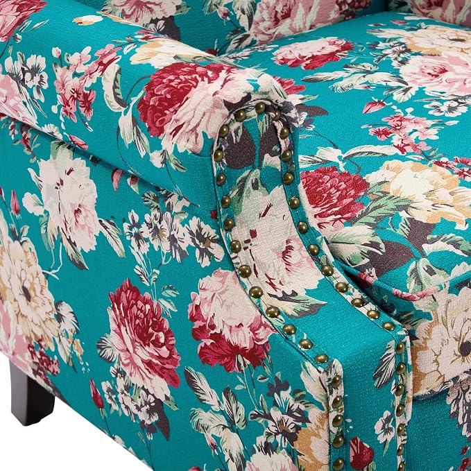 High Back Floral Accent Chairs Set of 2, Upholstered Armchair in Fabric, Retro Printed Wingback Arm Chair for Living Room, Nailhead Trim Single Sofa Bedroom Reading Seat - Peacock Blue