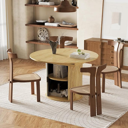 47''-63'' Extendable Round Dining Table for 4-6, Round Dining Room Table with Hidden Storage, Modern Wooden Kitchen Table with Fluted Sliding Door Cabinet for Dining Room Kitchen, Nature