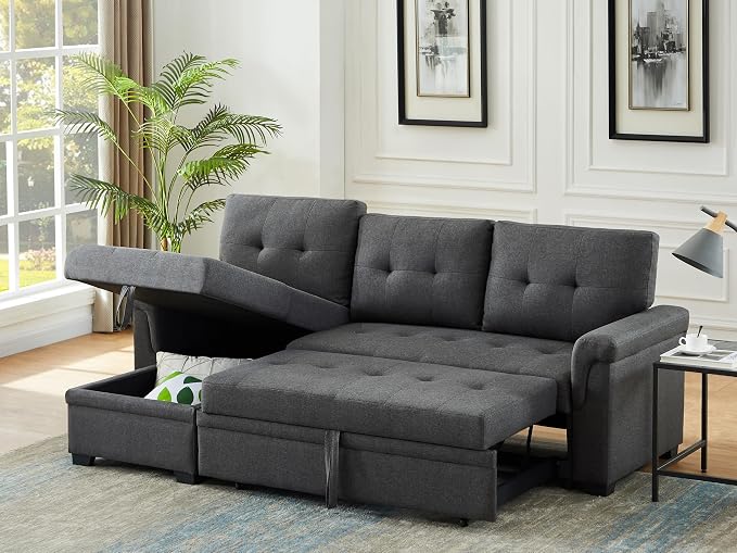 Lilola Home Convertible Sectional Sleeper Sofa Bed 84 Inch, L Shaped Couch with Pull Out Bed, Storage Chaise, Removable Back Cushions for Living Room, Office, Linen Fabric, Dark Gray