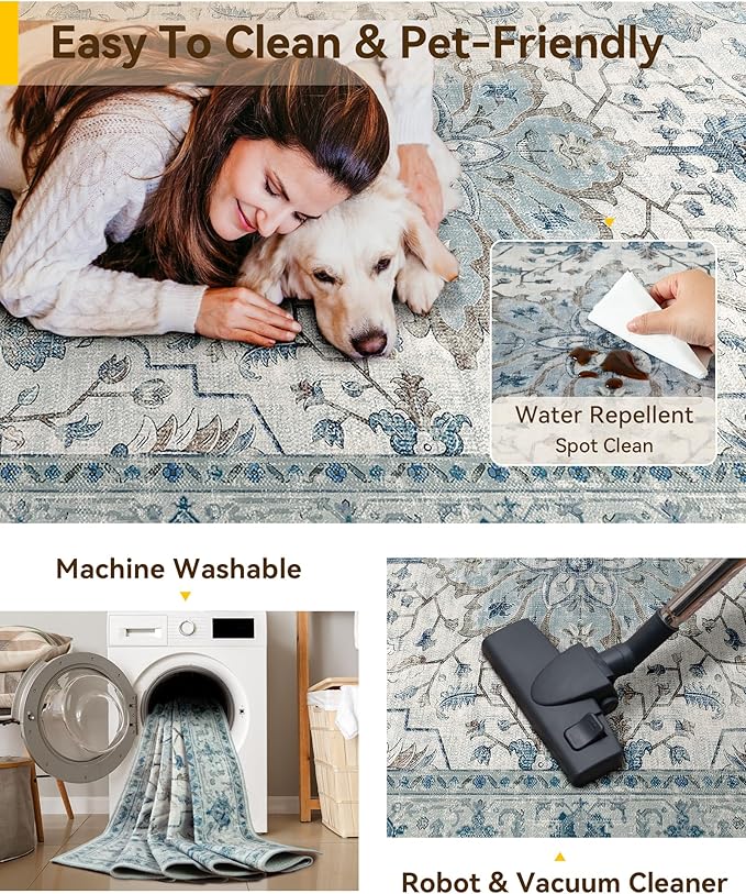 RELEANY Area Rugs Runner 2'x9' Washable Non-Slip, Floral Vintage Distress Medallion Carpet for Kitchen Hallway Bedroom Beside Laundry Room Bathroom, Light Blue Navy Gray White