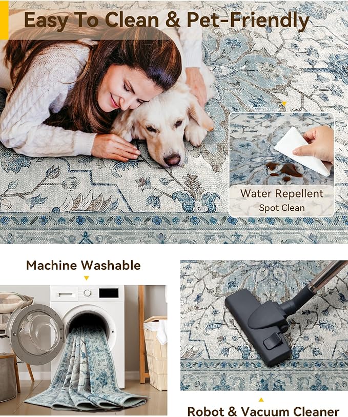 RELEANY Area Rugs Runner 3'x10' Washable Non-Slip, Floral Vintage Distress Medallion Carpet for Kitchen Hallway Bedroom Beside Laundry Room Bathroom, Light Blue Navy Gray White