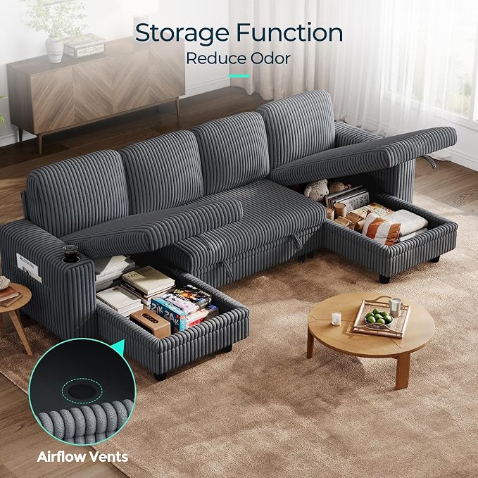 LINSY HOME Sectional Sofa with Pull Out Bed, 4 Seats Corduroy Reversible Sleeper Sofa with Storage Seats, USB Ports, Cup Holders, Side Pocket, U Shape Sectional Couches for Living Room, Gray