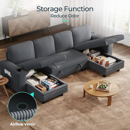 LINSY HOME Sectional Sofa with Pull Out Bed, 4 Seats Corduroy Reversible Sleeper Sofa with Storage Seats, USB Ports, Cup Holders, Side Pocket, U Shape Sectional Couches for Living Room, Gray