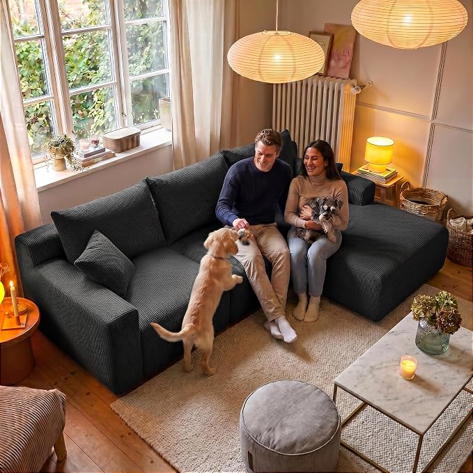 Homkdom 98" Boneless Modular Sectional Sofa, Cloud Couch with 27" Deep Seat & Oversized Chaise, L-Shaped High-Density Foam Sofa for Living Room, No Assembly Required (Black-Check, Right Facing)