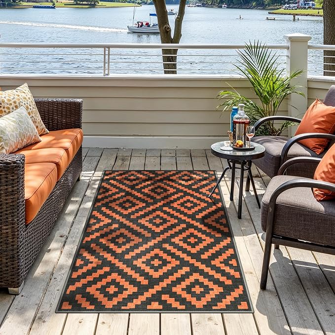 GENIMO Outdoor Rug for Patio Clearance, 3'x5' Indoor Area Rug, Waterproof Reversible Fall Doormat, Outside Camping Carpet for Porch, Living Room, Balcony, Deck, Bedroom, Picnic, Black Orange
