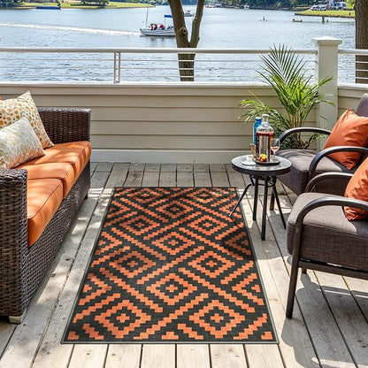 GENIMO Outdoor Rug for Patio Clearance, 3'x5' Indoor Area Rug, Waterproof Reversible Fall Doormat, Outside Camping Carpet for Porch, Living Room, Balcony, Deck, Bedroom, Picnic, Black Orange