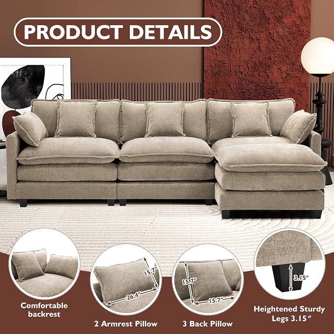 Ihanherry 111.4" L Shaped Modern Sofa Modular Sectional Luxurious and Comfortable with Ottoman, 4-Seat Chenille Deep Seat Sofa with Pillow for Living Room, Bedroom and Apartment, Sand