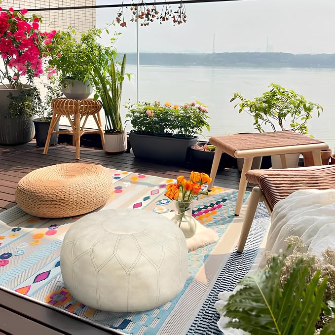 Thgonwid Unstuffed Moroccan Faux Leather Pouf Ottoman Cover with Storage - Boho Chic Multi-Use Footrest for Living Room, Bedroom, Patio - Round Ethnic Floor Cushion & Decorative Accent, Ivory
