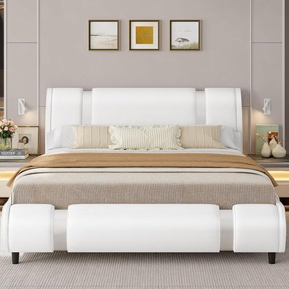 Keyluv Modern Queen Size Bed Frame with Mirror Metal Decoration, Faux Leather Upholstered Platform Bed with Curved Headboard, Wooden Slats Support, No Box Spring Needed, White