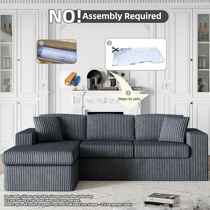 Shintenchi 105" Boneless Couch for Living Room,L Shaped Modular Cloud Sectional Sofa,Fluffy Corduroy Couch with Deep Seated Oversized Chaise Lounge,No Assembly Needed,Dark Gray