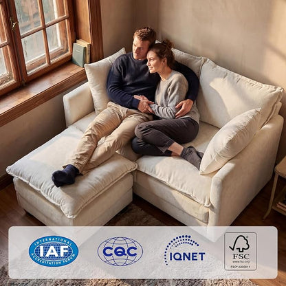 Loveseat Sofa with Ottoman, Cloud 3-Layer Cushion & 27" Deep Seat Modern Small Couch with 2 Washable Pillows for Small Spaces, Bedroom, Apartment, Office, Living Room, in a Box, 50-Inch Beige