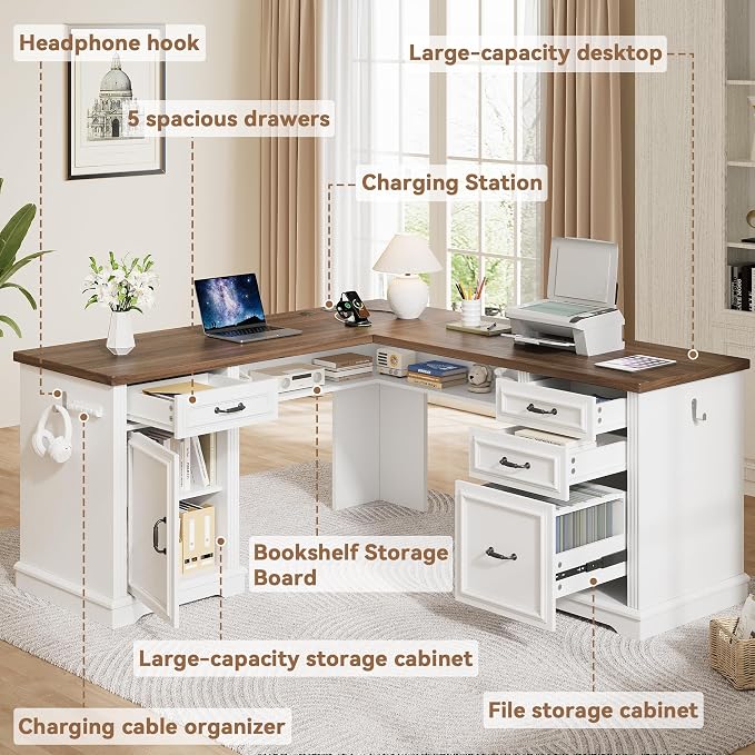 Farmhouse L Shaped Executive Desk with 4 Drawers, Home Office Desk with Hidden Under-Desk Storage Shelf and Charging Station, File Cabinet Storage, Wood Corner Computer Desk for Work(White+Brown)