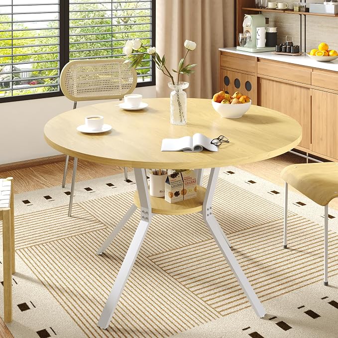 Dining Table for 2-4, 43“ Round Dining Room Kitchen Table with Storage,Round Table for Living Room,Fluted Wood Table,Oval Dinner Furniture with Adjustable feet (Oak, 43 Inch)