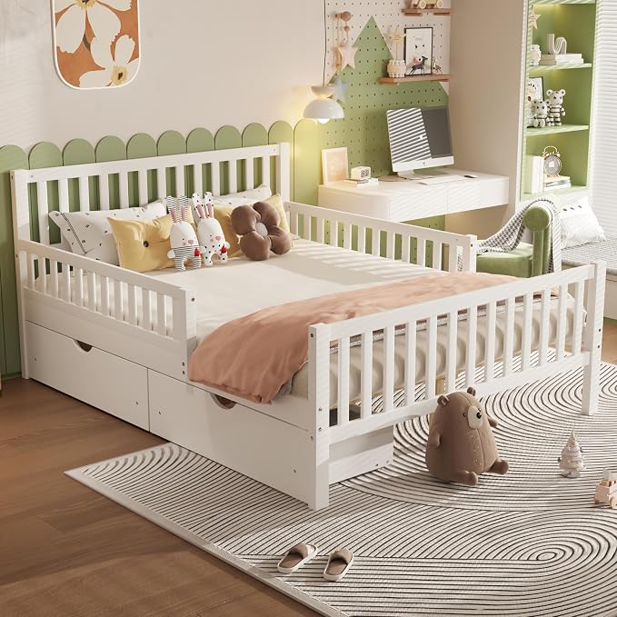 Bellemave Full Size Kids Platform Bed with Fences and 2 Drawers, Wooden Full Bed Frame with Guardrails on Both Sides for Boys Girls, White