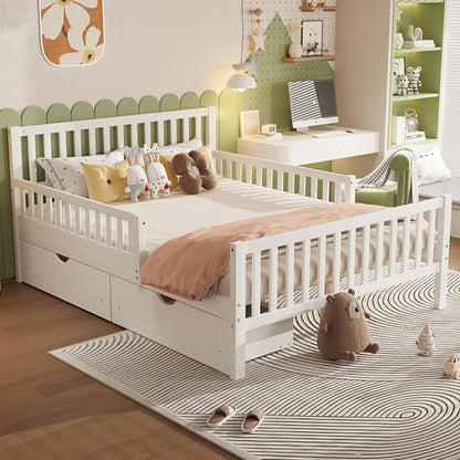 Bellemave Full Size Kids Platform Bed with Fences and 2 Drawers, Wooden Full Bed Frame with Guardrails on Both Sides for Boys Girls, White