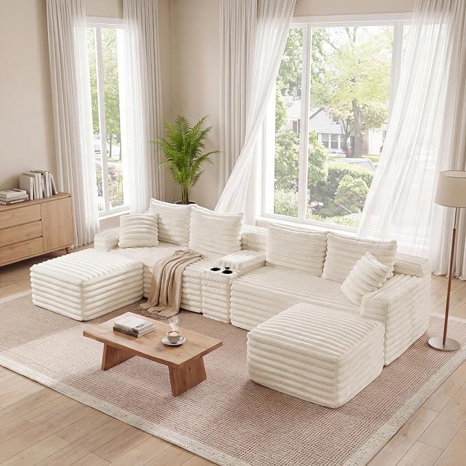 127" U-Shaped Symmetrical Cloud Sectional Couch Oversized Modular Compressed Boneless Sectional Sofa with Ottoman Chaise Lounges & Console, Fluffy Corduroy Corner Foam Sofa