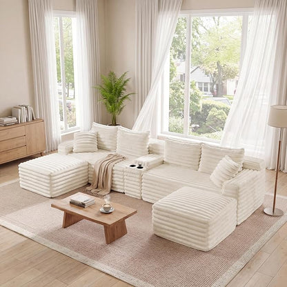 127" U-Shaped Symmetrical Cloud Sectional Couch Oversized Modular Compressed Boneless Sectional Sofa with Ottoman Chaise Lounges & Console, Fluffy Corduroy Corner Foam Sofa