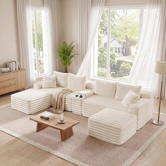 127" U-Shaped Symmetrical Cloud Sectional Couch Oversized Modular Compressed Boneless Sectional Sofa with Ottoman Chaise Lounges & Console, Fluffy Corduroy Corner Foam Sofa