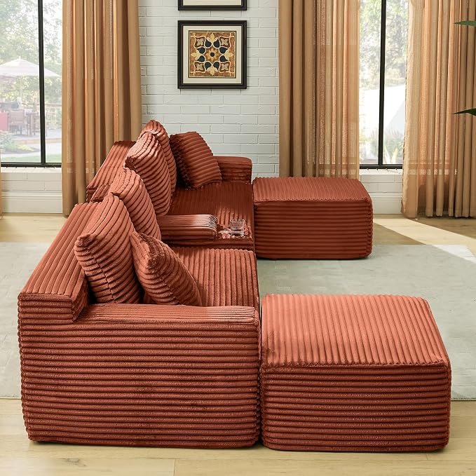 127" U-Shaped Cloud Sectional Couch Oversized Modular Compressed Boneless Sectional Sofa with Ottoman Chaise Lounges & Console, Plush Corduroy Boneless Symmetrical Sofa