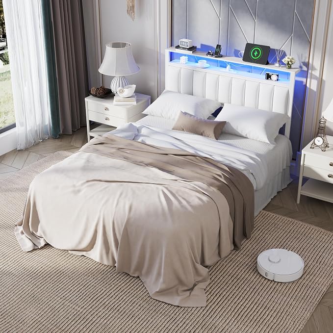 Furnulem White Full Size Bed Frame with Charging Station & Led Lights, PU Leather Upholstered Headboard with 2-Tier Storage Shelves, No Box Spring Needed, Metal Slat Support, Solid and Stable
