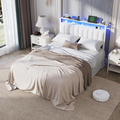 Furnulem White Full Size Bed Frame with Charging Station & Led Lights, PU Leather Upholstered Headboard with 2-Tier Storage Shelves, No Box Spring Needed, Metal Slat Support, Solid and Stable