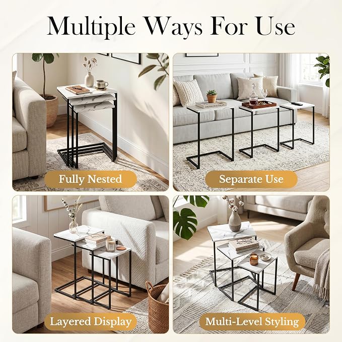 SUPER DEAL Nesting Tables Set of 3, Industrial C Shaped End Table Stackable Coffee Table Heavy Duty Metal Frame for Small Space, Living Room, Bedroom, Side Table Tray for Laptop Snack, White