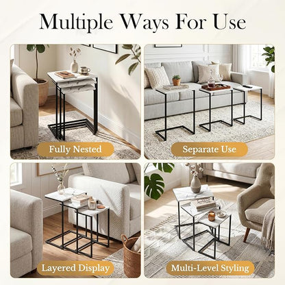 SUPER DEAL Nesting Tables Set of 3, Industrial C Shaped End Table Stackable Coffee Table Heavy Duty Metal Frame for Small Space, Living Room, Bedroom, Side Table Tray for Laptop Snack, White