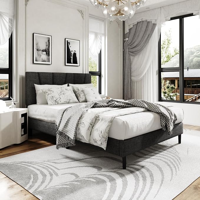 Sismplly Full Size Platform Bed Frame with Upholstered Headboard, Wooden Slats Support, Noise Free, No Box Spring Needed, Easy Assembly, Dark Grey, Linen