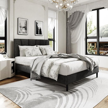 Sismplly Full Size Platform Bed Frame with Upholstered Headboard, Wooden Slats Support, Noise Free, No Box Spring Needed, Easy Assembly, Dark Grey, Linen