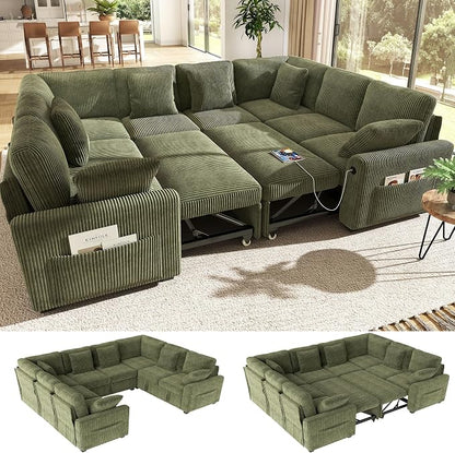 Ihanherry 8-Seater Large Sectional Sofa Bed with Storage Lovescat, Corduroy Modular Sleeper Sofa with USB Port & 6 Pillows, 110" U-Shaped Convertible Couch for Large Living Room（Green）