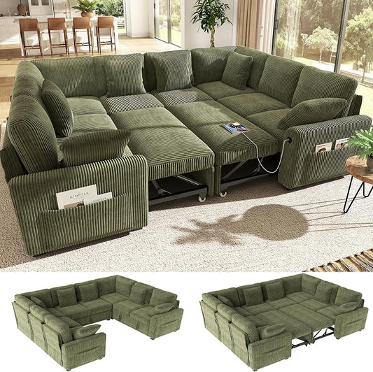 Ihanherry 8-Seater Large Sectional Sofa Bed with Storage Lovescat, Corduroy Modular Sleeper Sofa with USB Port & 6 Pillows, 110" U-Shaped Convertible Couch for Large Living Room（Green）