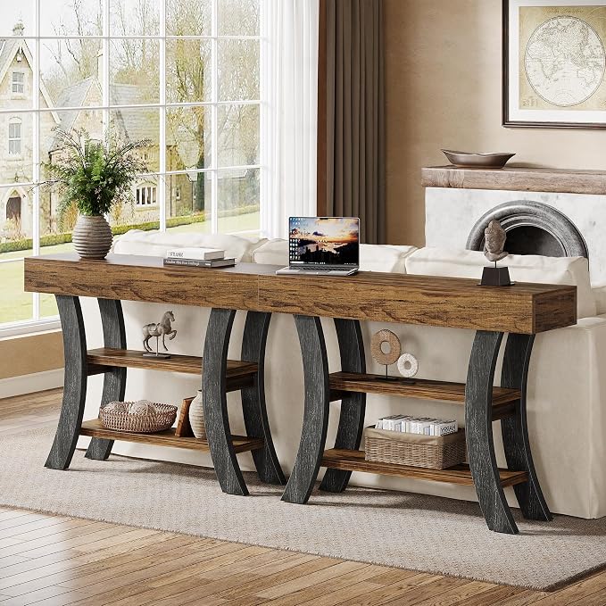 Tribesigns 41" Small Console Table for Entryway, 3-Tier Narrow Rustic Sofa Table with Storage Shelves and Curved Frame for Living Room, Entry, Hallway, Foyer (Brown & Grey)