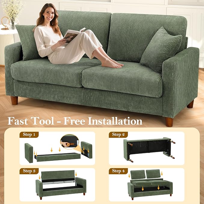 Kidirect 70in Corduroy Couch, Sofas for Living Room No Tool Assembly, Comfy Couches for Living Room 21in Deep Seats, Oversized Loveseat Sofa with 2 Pillows, 3 Seater Couch for Bedroom, Oliver Sofa