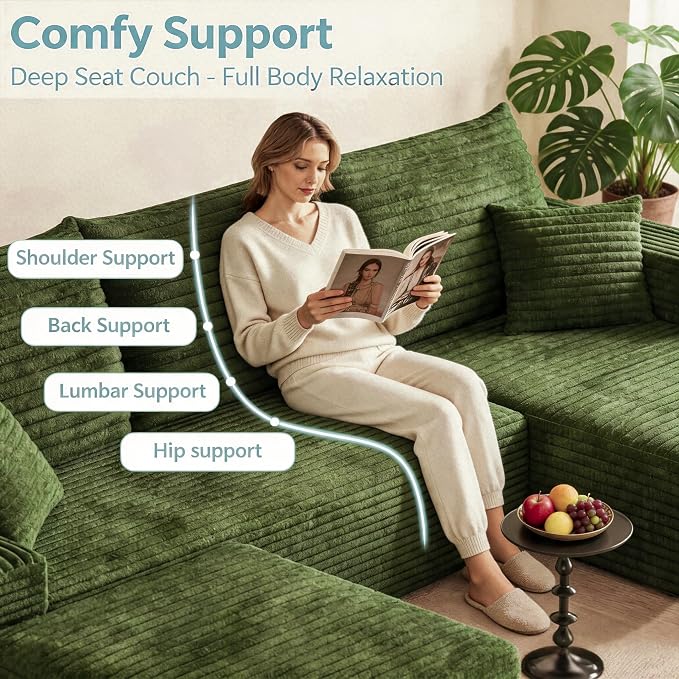 JINGLING 94" U Shaped Boneless Sectional Couch Set for Living Room, Plush Corduroy Modular Sofa with Ottoman, Small Space Apartment Couch, No Assembly, Right Facing Chaise, Green