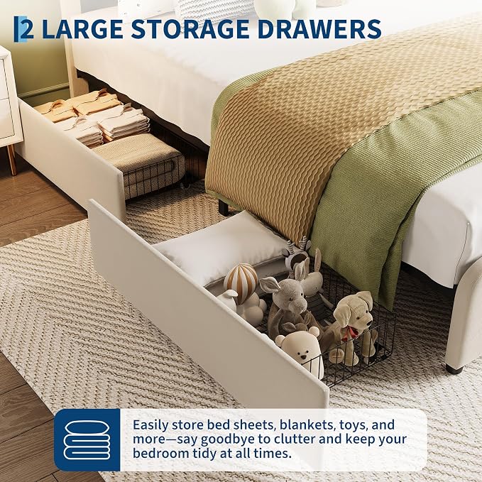 Garvee Queen Size Bed Frame with 2 Storage Drawers and LED Lights, Upholstered Platform Queen Bed with Adjustable Headboard, Wooden Slats Support, No Box Spring Needed, Easy Assembly, White