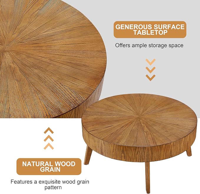 Nesting Round Oak Wood Coffee Table Set of 2 for Living Room - Wooden Circle Coffee Table ＆ End Table Side Tables for Apartment (Espresso,31x31x14 in)