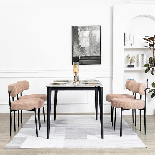 DYHOME Boucle Dining Chairs Set of 4, Upholstered Kitchen Dining Room Chairs, Side Chairs with Thick Cushions and Metal Legs for Kitchen Living Room, Camel Color