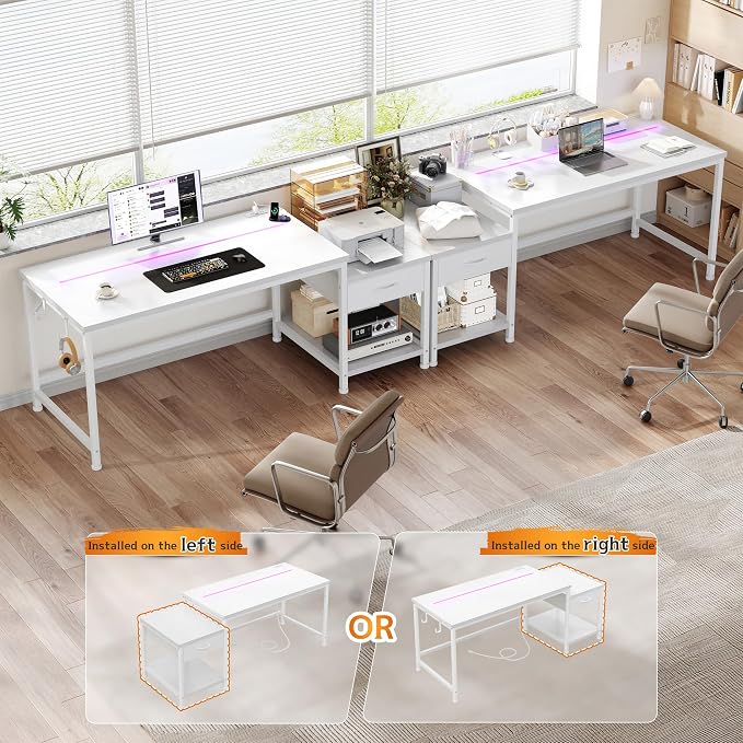 DurayLoly 56 Inch White Computer Desk with Printer Shelf, Power Outlet & LED Lights, Reversible Office Desk with Drawers & Hooks for Headphone, Bags for Bedroom,Dorm,Teens Study Room,White