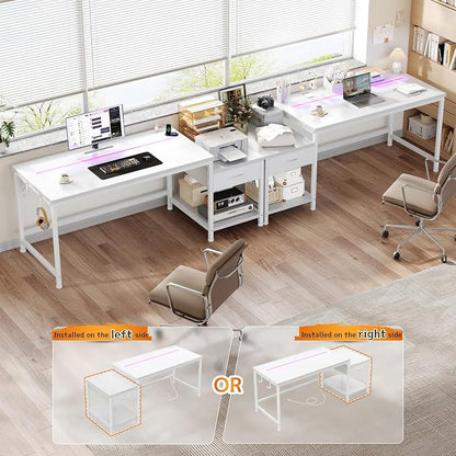 DurayLoly 56 Inch White Computer Desk with Printer Shelf, Power Outlet & LED Lights, Reversible Office Desk with Drawers & Hooks for Headphone, Bags for Bedroom,Dorm,Teens Study Room,White