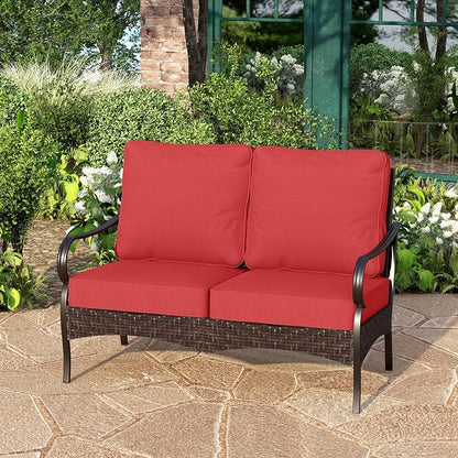 PHI VILLA Wicker & Metal Outdoor 2-Seat Patio Couch,Patio Sofa Loveseat with Deep Seating for Front Porch, Deck, Balcony, Backyard, Sunroom,Red