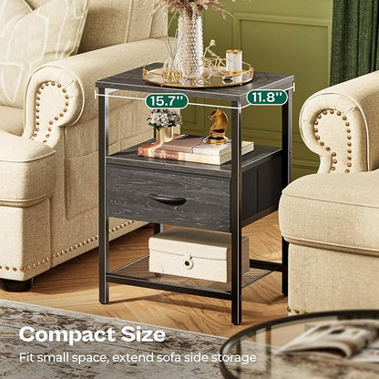 Huuger Nightstand Set of 2, Night Stand with Fabric Drawer, Mesh Shelf, Side Table with Storage, Fabric Drawer Dresser, Open Shelf, Metal Frame, Bedroom, Charcoal Black Wood Grain Print